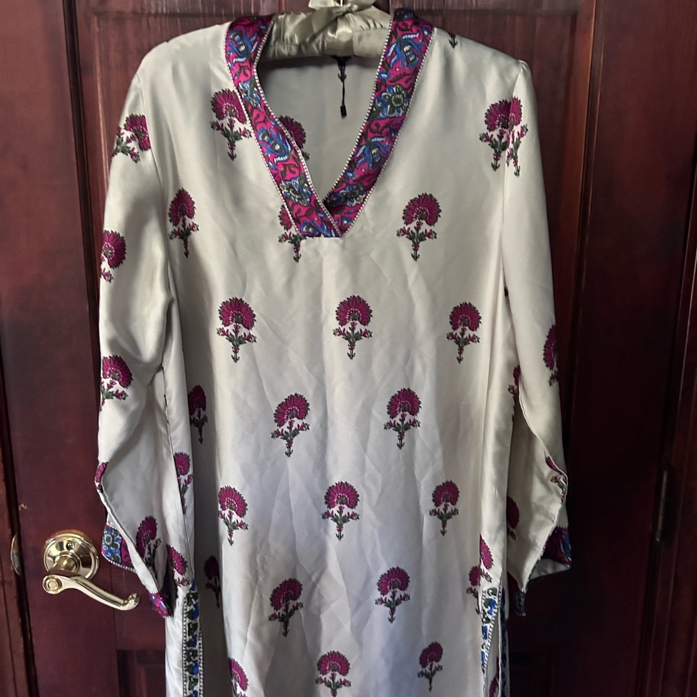 Women's Limelight silk Kurti/Tunic Dress with Magenta Floral Block printing